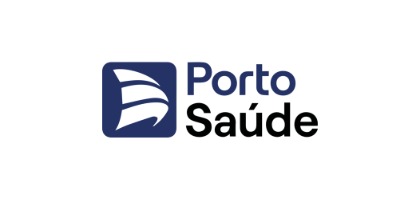 Logo da Porto Saúde com o símbolo da vela de barco estilizada em quadrado azul e o nome em tipografia preta.