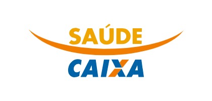 Logo do Saúde Caixa com o nome em letras amarelas e azuis, sobreposto a um traço curvo alaranjado.