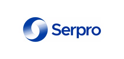 Logo do Serpro com uma esfera azul gradiente estilizada à esquerda do nome em azul escuro.