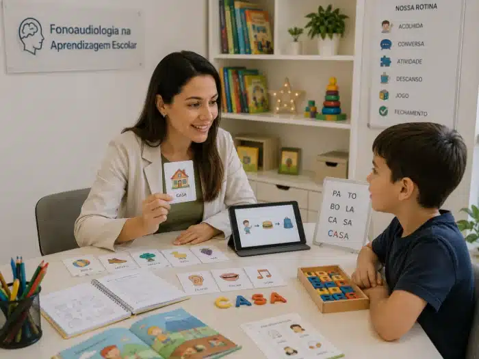 Fonoaudióloga realiza atividade de alfabetização e consciência fonológica com uma criança utilizando letras móveis, cartões ilustrados e materiais educativos em consultório.