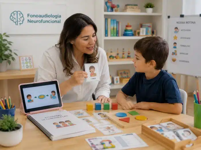 Fonoaudióloga realiza atividade de estimulação neurofuncional com uma criança utilizando cartões de comunicação, materiais visuais e jogos educativos em consultório infantil.
